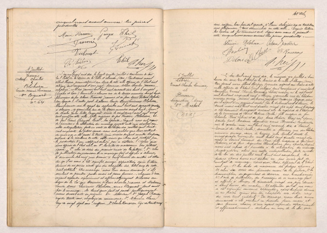 Acte de mariage de THIL George et DRONRÉ Marie Henriette Josephine (04 juillet 1910), Acte de mariage de JEANNE Octave Charles et BLOHORN Louise Marie Lucienne veuve CAGNARD (04 juillet 1910), Acte de mariage de LEBREC Ernest Charles Germain divorcé de NUGUE et BERCERON Augustine Anne veuve MICHEL (06 juillet 1910)