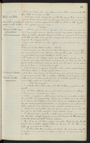 Salle de Fêtes, projets d'aménagements des Halle aux Toiles et Halle aux Blés. Halle aux Toiles, restauration et aménagements en Salle des Fêtes : vote d'un crédit supplémentaire. Fumiers de l'abattoir, marché amiable