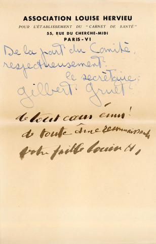 Lettre autographe de Louise Hervieu adressée à Monsieur Bruneau, 2 pages in 8, En tête de "l'Association Louise Hervieu pour l'établissement du carnet de santé".