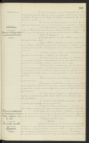 Hospice d'Alençon, appendice à la convention du 1er Juillet 1890, avis du conseil. Abattoirs, location de la boyauderie au syndicat de la boucherie, Mr YVON Alfonse président du syndicat de la boucherie demeurant n°66 Grande Rue Alençon. Indemnité représentative aux instituteurs et institutrices n'habitant pas les écoles, demandes nouvelles, rapport