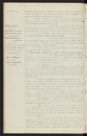 Bibliothèque municipale, nomination d'un bibliothécaire provisoire ancien bibliothécaire M. RICHARD REMPLACER PAR M. TREDOLAT Mayuae, vote d'une indemnité de service. Pompes funèbres, renouvellement de marché, désignation d'une commission, M. Mme MELINE, HOUSSEAU, SEBOUCHER, GUILMIN, LAGOGUE. Enlèvement des boues et immondices, désignation d'une commission pour l'établissement d'un projet de cahier des charges devant servir de base à la nouvelle adjudication, M. Mme ESNAULT, AUBUR, HENAULT Victor, LEBOUC, LHEUREUX, GUILMIN, LAGOGUE. Lycée d'Alençon, installation hôpital militaire, travaux d'appropriation, architecte M. MEZEN