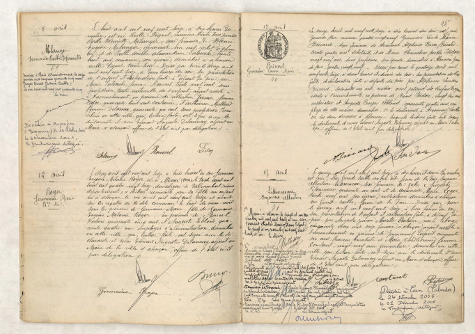Acte de naissance de MELANGER Fernande Berthe Henriette (08 avril 1916), Reconnaissance de ROYER Germaine Marie (12 avril 1916), Acte de naissance de BRICARD Geneviève Louise Marie (13 avril 1916), Acte de naissance de LÉTOURNEAU Suzanne Albertine (15 avril 1916).