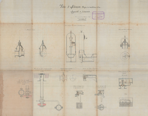 Alençon, projet de distribution d'eau, appareils de fontainerie (16 août 1885) (Charles Gibault) ; pland'une borne-fontaine avec robinet d'incendie, robinet, vanne, prise d'eau avec collier à lunette avec robinet d'arrêt percé à décharge sous bouche à clé, robinet à boisseau en bronze, modèle de la ville de Paris, bouche d'arrosage, bouche d'incendie, bonde de fond de réservoir