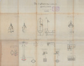 Alençon, projet de distribution d'eau, appareils de fontainerie (16 août 1885) (Charles Gibault) ; pland'une borne-fontaine avec robinet d'incendie, robinet, vanne, prise d'eau avec collier à lunette avec robinet d'arrêt percé à décharge sous bouche à clé, robinet à boisseau en bronze, modèle de la ville de Paris, bouche d'arrosage, bouche d'incendie, bonde de fond de réservoir