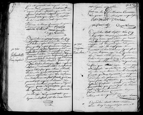 Acte de naissance de SOURCIN Antoine Thomas (18 mars 1797),acte de naissance de VALFRAMBERT Marie Joséphine (19 mars 1797),acte de naissance de BOISJENOU Marie Anne (19 mars 1797),acte de naissance de GAUTIER Marie Joséphine (20 mars 1797).