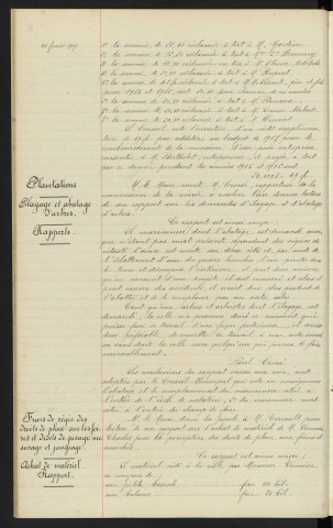 Distribution d'eau, concessions, réclamation, rapports. Plantations, élagage et abatage d'arbres, école de Natation et Champ de Foire, rapports. Frais de régie des droits de place sur les foires et droits de pesage, mesurage et jaugeage, achat de matériel, rapport