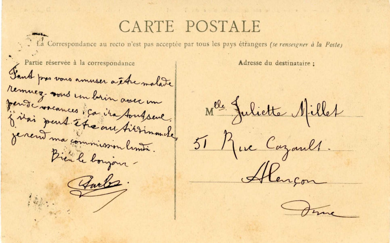 Carte postale de Charles Ferron envoyée à Juliette Millet, demeurant 51 Rue de Cazault (collection particulière Chrystel Nail Lemaitre, 2018, AMA).