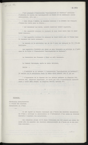 Finances, adhésion à l'association Municipalité et souvenirs. Finances, subvention exceptionnelle à l'Union des sociétés Mutualistes de l'Orne.