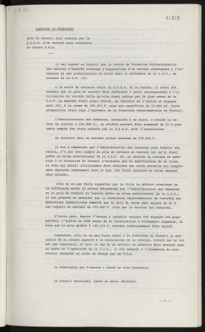 Quartier de Perseigne, avis du conseil pour cession par la S.E.B.N. d'un terrain pour extension du centre F.P.A.