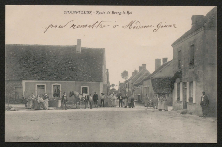 Champfleur (Sarthe), Route de Bourg-le-Roi, carte postale ancienne noir et blanc, (date d'utilisation : 8 juillet 1908), (14x9), acquisition 2020, AMA.
