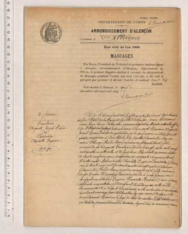Registre des actes de mariage (1906).