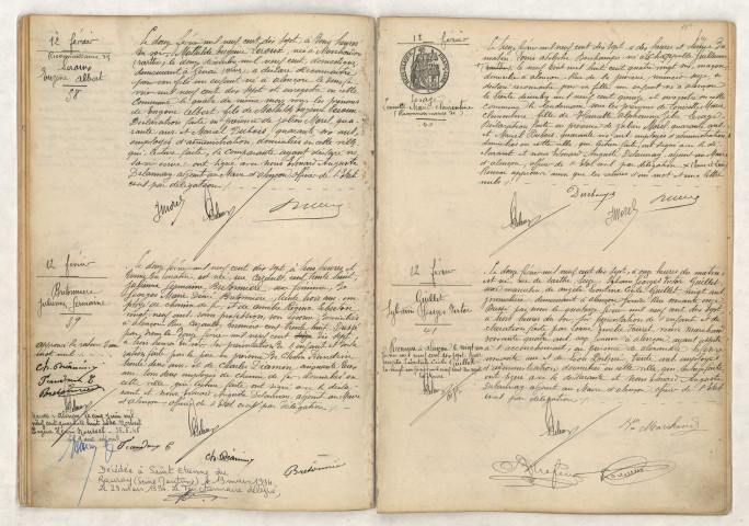 Reconnaissance de LEROUX Eugène Albert (12 février 1917), Acte de naissance de BRETONNIÈRE Julienne Germaine (12 février 1917), Reconnaissance de LESAGE Louisette Marie Clémentine (13 février 1917), Acte de naissance de GUILLET Sylvain Georges Victor (12 février 1917).