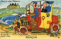 Alençon (Orne), "Pas si vite Célestin, ouvrez le tacot pour voir Alençon", carte humoristique à système couleur n°18, Artaud père et fils, éditeurs, Nantes, éditions Gaby, (Date d'utilisation : 05 juillet 1954), (14x9), AMA.