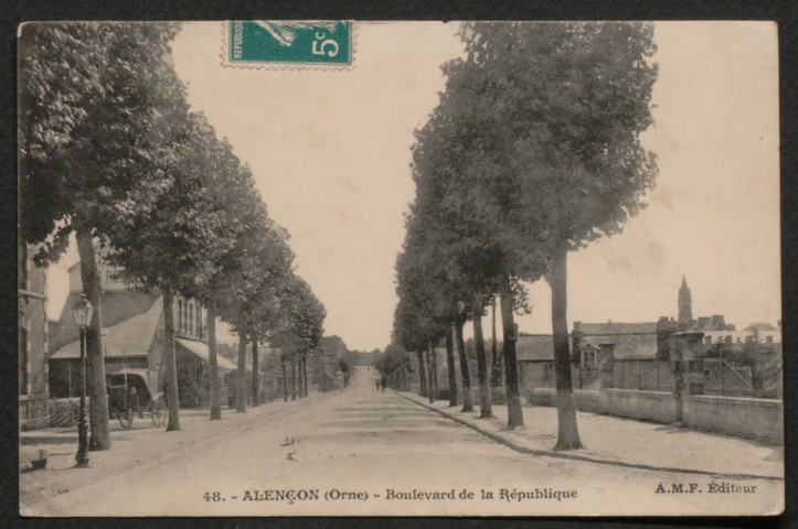 Alençon (Orne), Boulevard de la République, carte postale ancienne noir et blanc n°48, A.M.F, éditeur, (date d'utilisation : 14 janvier 1912), (14x9), acquisition 2021, AMA.