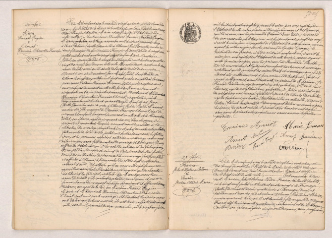 Acte de mariage de MARIE Fernand Eugène et AMIOT Hernénie Clémentine Françoise (20 septembre 1905), acte de mariage de FRANCO Jules Alphonse Isidore et SEURIN Justine Célénie Marie (23 septembre 1905).