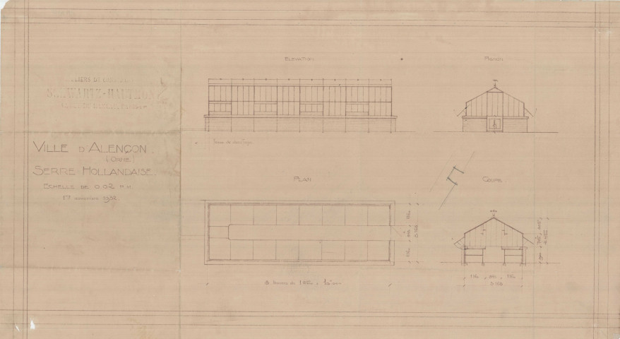 Parc des Promenades, construction d'une serre hollandaise, élévation, coupe, plan tirage papier (ech : 1/50) (63 x 32.5) (20 décembre 1932) (2 exemplaires).