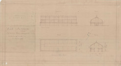 Parc des Promenades, construction d'une serre hollandaise, élévation, coupe, plan tirage papier (ech : 1/50) (63 x 32.5) (20 décembre 1932) (2 exemplaires).