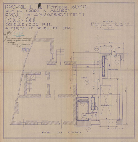 permis de construire n°29, Agrandissement d'une maison d'habitation Rue Cours Alençon, (date de décision : 1934), (auteur du projet, architecte : MEZEN Albert).