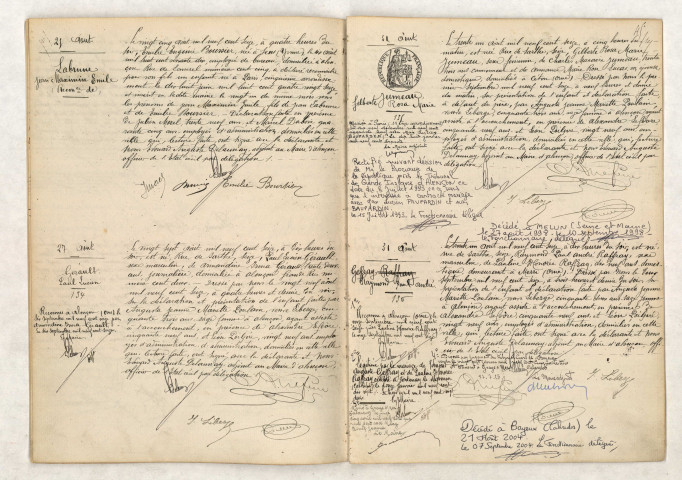Acte de Reconnaissance de LABRUNE Jean Maximin Emile (25 août 1916), Acte de naissance de GERAULT Paul Lucien (27 août 1916), Acte de naissance de JUMEAU Gilberte Rosa Marie (31 août 1916), Acte de naissance de RAFFRAY GEFFRAY Raymond Paul André (31 août 1916).