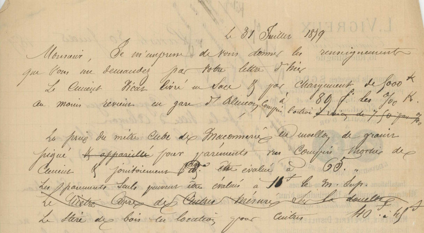 Projet de distribution en eau potable de la ville d'Alençon, candidature de L. Vigreux pour la construction d'un réservoir d'équilibre de 2000 mètres carrés boulevard de Strasbourg (1879) : correspondance.
