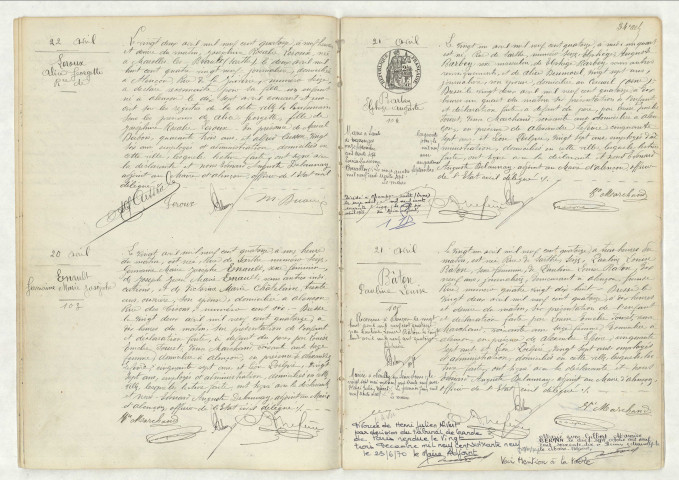 Reconnaissance de LEROUX Alice Georgette (22 avril 1914),acte de naissance de ENAULT Germaine Marie Josèphe (20 avril 1914),acte de naissance de BARBEY Elphège Auguste (21 avril 1914),acte de naissance de BATON Pauline Louise (21 avril 1914).