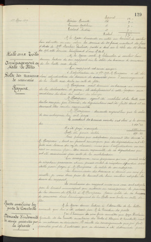 Cours secondaire de jeune filles, rétributions scolaires, demandes en remises de frais d'études. Halle aux Toiles, aménagement en salle des fêtes, solde des travaux de serrurerie, adjudicataire Mr HURIPEAU, rapport. Recette auxiliaire des postes de Courteille, demande d'indemnité de service présentée par la gérante Mme DISLAIRE