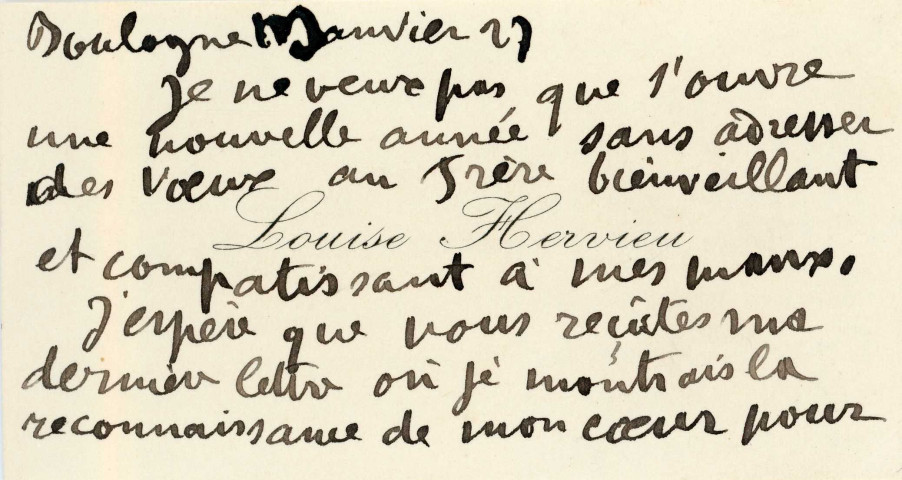 Voeux 1927 : carte de visite autographe signée de Louise Hervieu envoyée au comte René Philipon, enveloppe.
