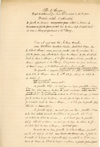 Etablissement d'un lavoir public sur le ruisseau du Gué-de-Gesne, rue du Mans, près du nouveau pont construit à proximité de la ligne de tramways, acquisition de deux parcelles de prés (I116p, I117p et I118p) appartenant à M. Fleury (1910 - 1911) : état estimatif, correspondance, délibérations, souscriptions, notes, plan