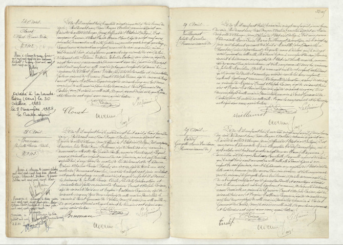 Acte de naissance de CLOUET Albert Henri Victor (23 avril 1903),BRUNEAU Juliette Louise Cécile (28 avril 1903),reconnaissance de VUILLERMONT Juliette Marceline (20 avril 1903),TARDIF Georgette Marie Emilienne (22 avril 1903).