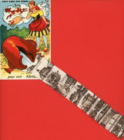 Alençon (Orne), "tout n'est pas perdu ! Soulevez le pot pour voir Alençon", carte postale à système couleur n°123, Artaud père et fils, éditeur, Nantes, éditions Gaby,(Date d'utilisation : 28 août 1952) , (14x9), AMA.