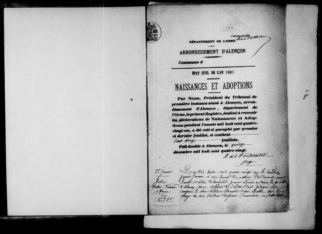 Registre des actes de naissance et adoption 1881