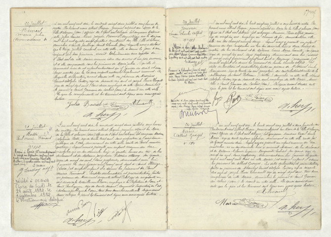 Reconnaissance de BOURIEL Maria Julia (22 juillet 1910),acte de naissance de ROSSI Paul Marie Fernand (21 juillet 1910),acte de naissance de JOUVIN Lucien Charles Alfred (24 juillet 1910),acte de naissance de MARIE Albert Georges (24 juillet 1910).