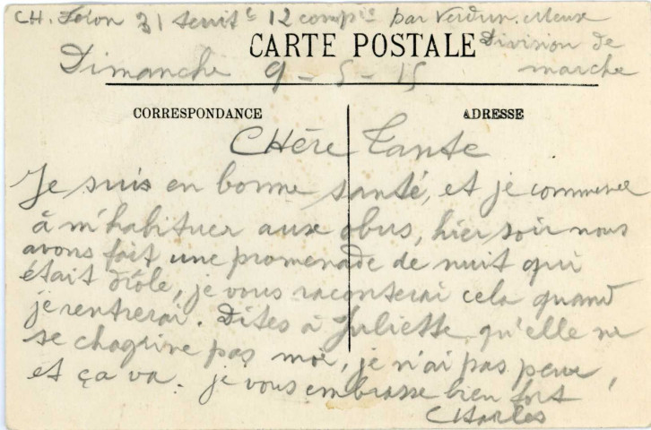 Carte postale envoyée de Charles Féron à sa tante par alliance, la veuve Jousse Millet pendant la Première Guerre mondiale (collection particulière Huguette Messager, 2018, AMA).