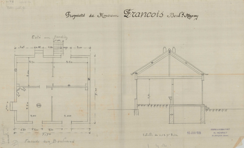 permis de construire n°4, Construction d'une maison d'habitation Boulevard Mezeray Alençon, (date de décision : 10/06/1926), (auteur du projet, architecte : HENRIET (entrepreneur)).