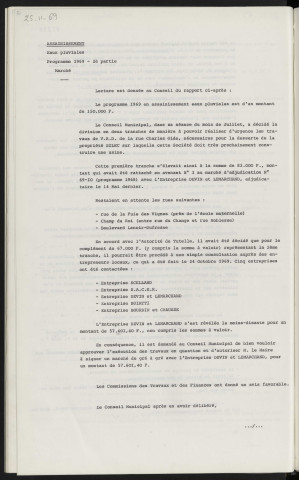 Assainissement, eaux pluviales, programme 1969, 2ème partie, marché.