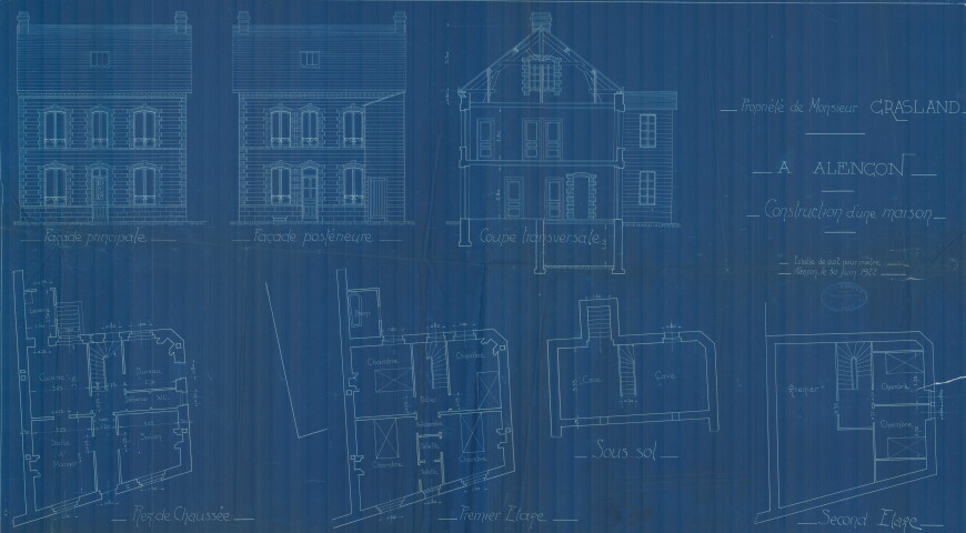 permis de construire n°1, Construction d'une maison d'habitation Rue Cazault Alençon, (date de décision : 30/05/1907), (auteur du projet, architecte : HULLERON architecte (intervention de M. Legoût, expert métreur)).
