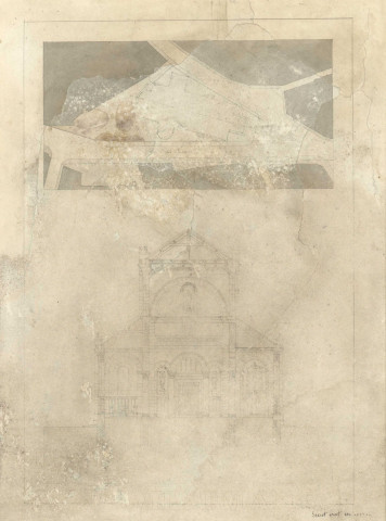 Église Saint Pierre de Montsort, plan de situation, coupe façade avant, Coisel (éch: 1/100, 52 x 70 cm, 01/12/1875).