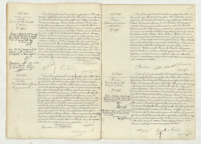 Acte de naissance de PESCHE Renée Clotilde Charlotte Madeleine (23 juillet 1907),reconnaissance de COURTOIS Ernestine Marie enfant jumeau (24 juillet 1907),acte de naissance de BRIERE Madeleine Emilienne Alexandrine (23 juillet 1907),acte de naissance de HERPIN Lucienne Antoinette Marcelle Gabrielle (23 juillet 1907).