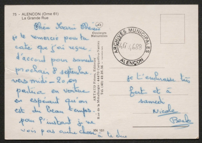 Alençon (Orne), La grande rue, carte postale moderne couleur n°75, Artaud frères éditeurs, Nantes-Carquefou, couleurs naturelles, (Date d'utilisation : 16 decembre 1999 ), (15x10,5), AMA, 2 exemplaires.