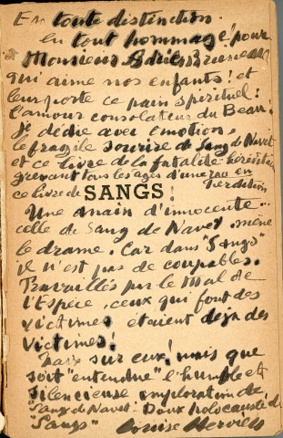 Roman de Louise Hervieu, "Sangs", Paris, Denoel et Steele, 1936, 1 volume in 8 broché, 889 pages, 93e édition, dédicace de Louise Hervieu à Adrien Bruisseau (?).