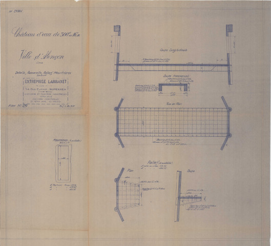 Construction d'un château d'eau de 300m3, détails, passerelle, paliers, meurtrières : vue en plan, coupe longitudinale, coupes, plans(Larbanet, éch : 1/200, plan n°29, 30 juillet 1936).