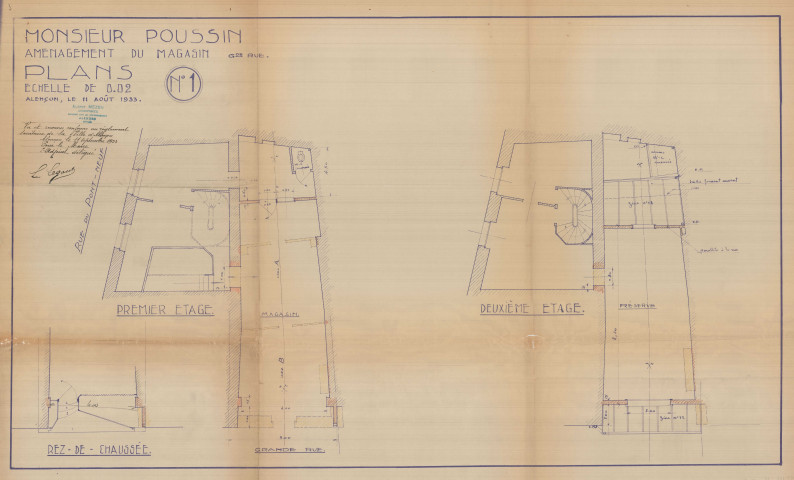 permis de construire n°20, Aménagement d'un magasin Rue Grande Rue Alençon, (date de décision : 1933), (auteur du projet, architecte : MEZEN Albert).