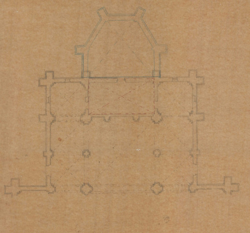 Église Saint Pierre de Montsort, projet pour l'établissement d'un paratonnerre, plan (architecte Lheureux) (éch: 1/100, x cm, 10/10/1883).)