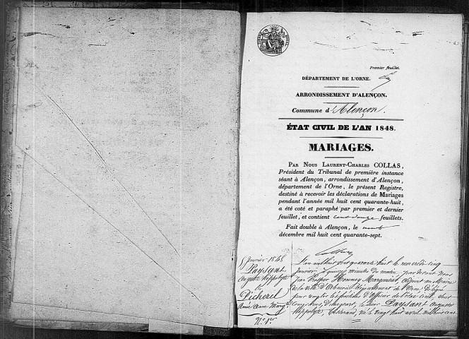 Registre des actes de mariage (1848).