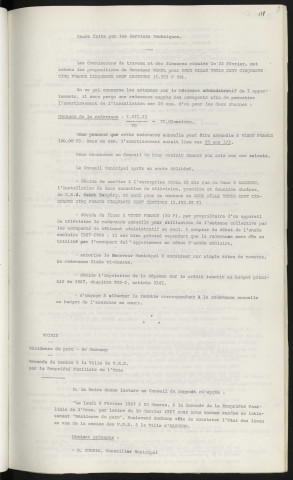 C.E.S. Saint Exupéry, installation de deux antennes de télévision, Mr MONTREUIL 6 cours Clémenceau, Mr MOREL 28 BIS RUE DU Mans. Voirie, résidence du Parc, boulevard Duchamp, demande de remise à la ville V.R.D par la propriété familiale de l'Orne.