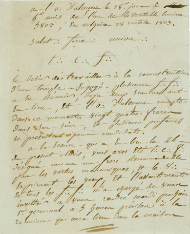 Franc-maçonnerie, reconstruction du temple d'Alençon : lettre manuscrite du secrétaire Lacroix Manoury (28 ventose 1803).