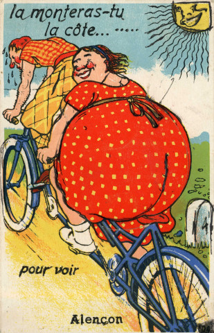 Alençon (Orne), "La monteras-tu la côte pour voir Alençon", carte postale humoristique à système couleur, Artaud père et fils, éditeur, Nantes, éditions Gaby,sd, (14x9), AMA.