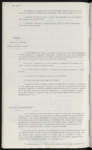 Assurance des maires adjoints et conseillers municipaux dans l'exercice de leurs fonctions. Assurance, avenant de réduction, police véhicule 2 roues. Legs Melle DESHAYES-DUBUISSON, Mlle BOUGARD légatrice, Mme MEMIN notaire au Mans, Maitre BACLE notaire de la ville.