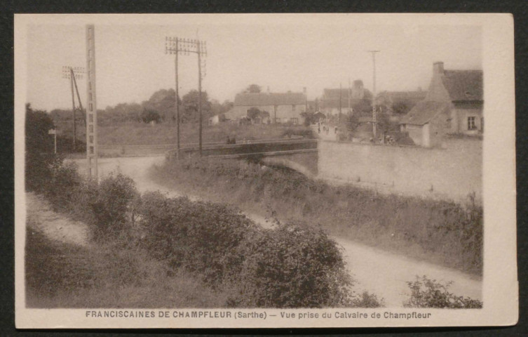 Champfleur (Sarthe), Couvent des Franciscaines de l'Immaculée Conception, vue prise du calvaire, carte postale ancienne noir et blanc, sd, (14x9), acquisition 2020, AMA.