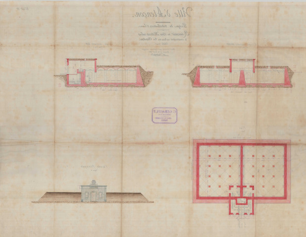 Alençon, projet de distribution d'eau des sources du moulin de Launay, réservoir de 1500 mètres cubes à construire au lieu-dit les Châtelets, coupe, plan, façade principale (Charles Gibault, éch.1/100) (118cm x 74.3cm) (16 août 1885).